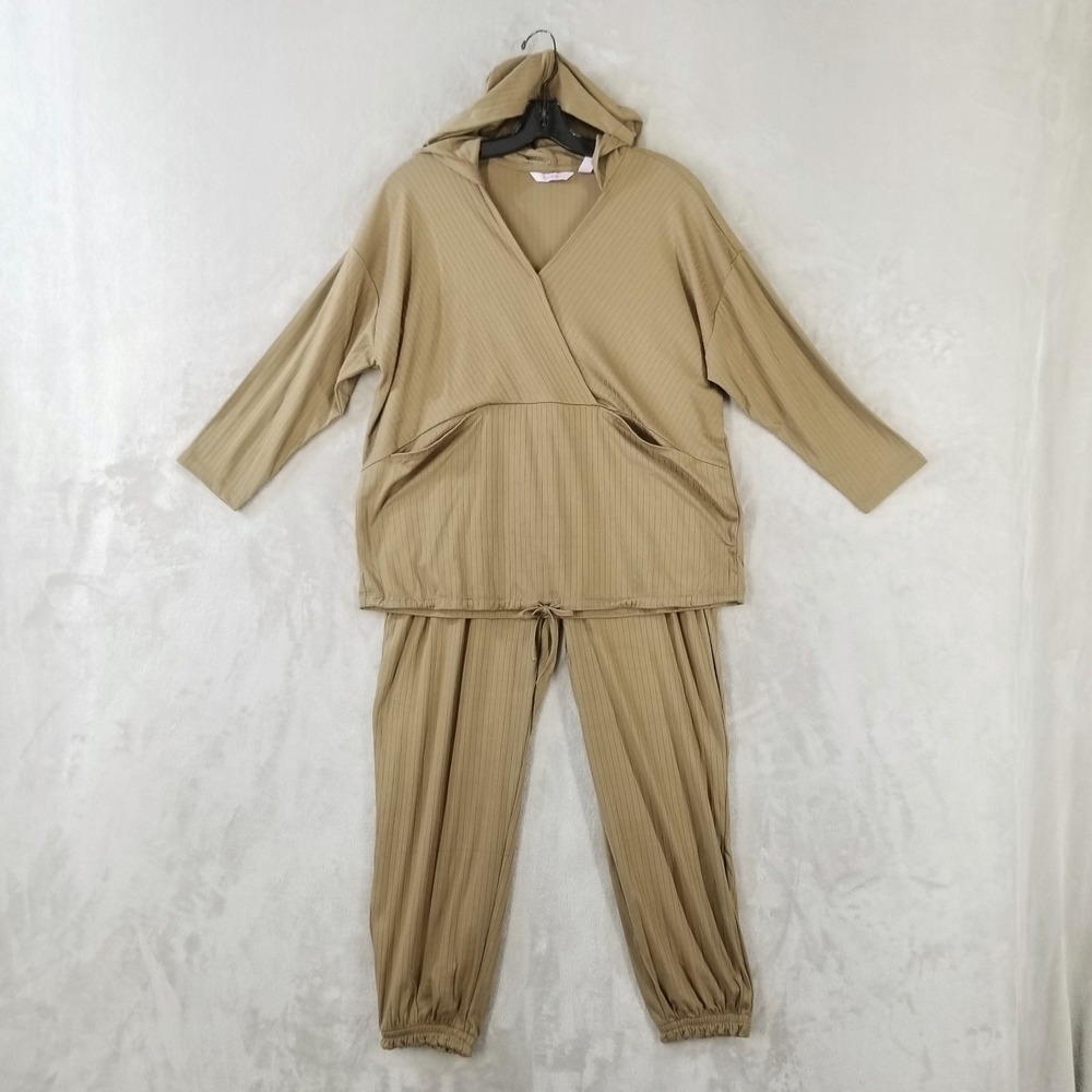 AnyBody Lounge Set Women M Tan Ribbed Hoodie Joggers 2pc Co-ord Slinky Knit